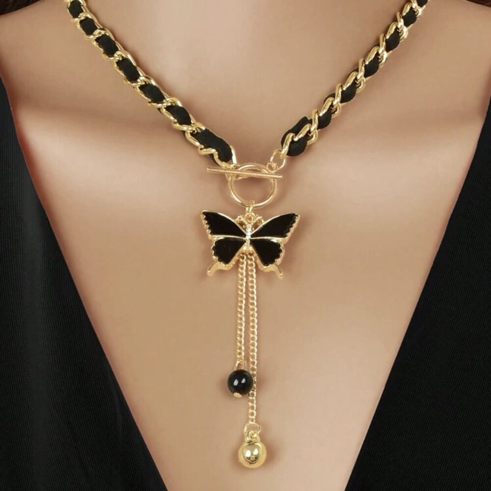 Stylish Butterfly Charm And Ball Pendant Tassel Braided long Necklace For Women